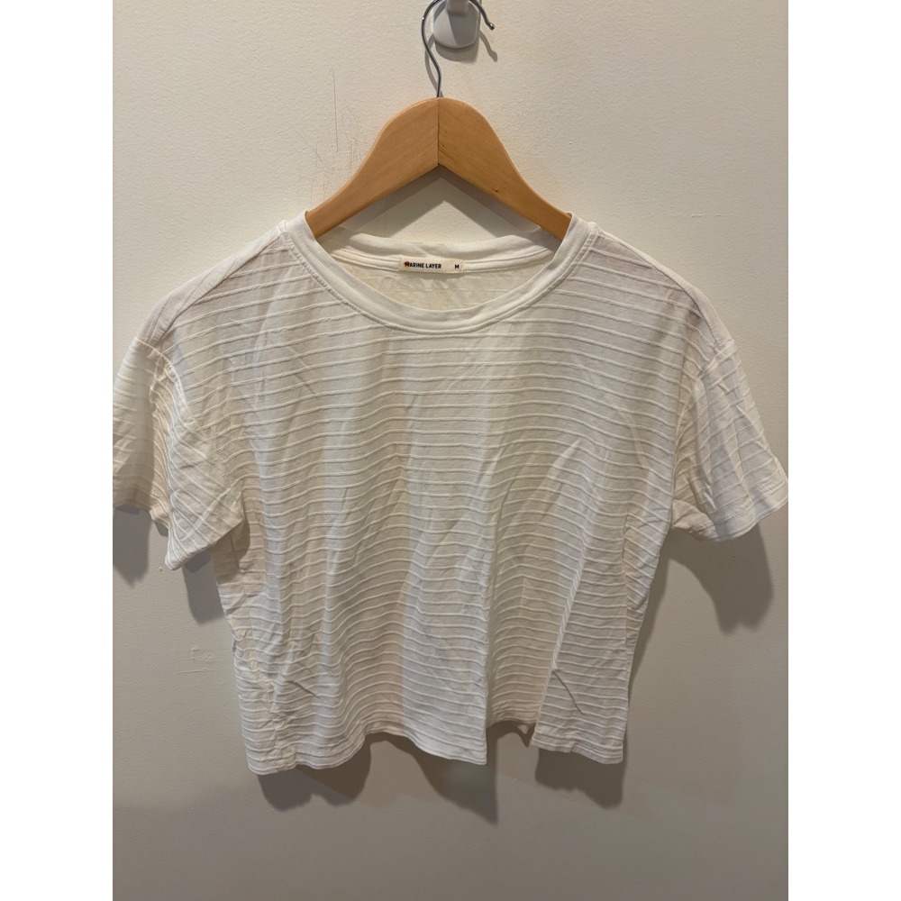 Marine Layer White Textured Stripe Cotton Tencel Modal Relaxed Crop Tee Medium